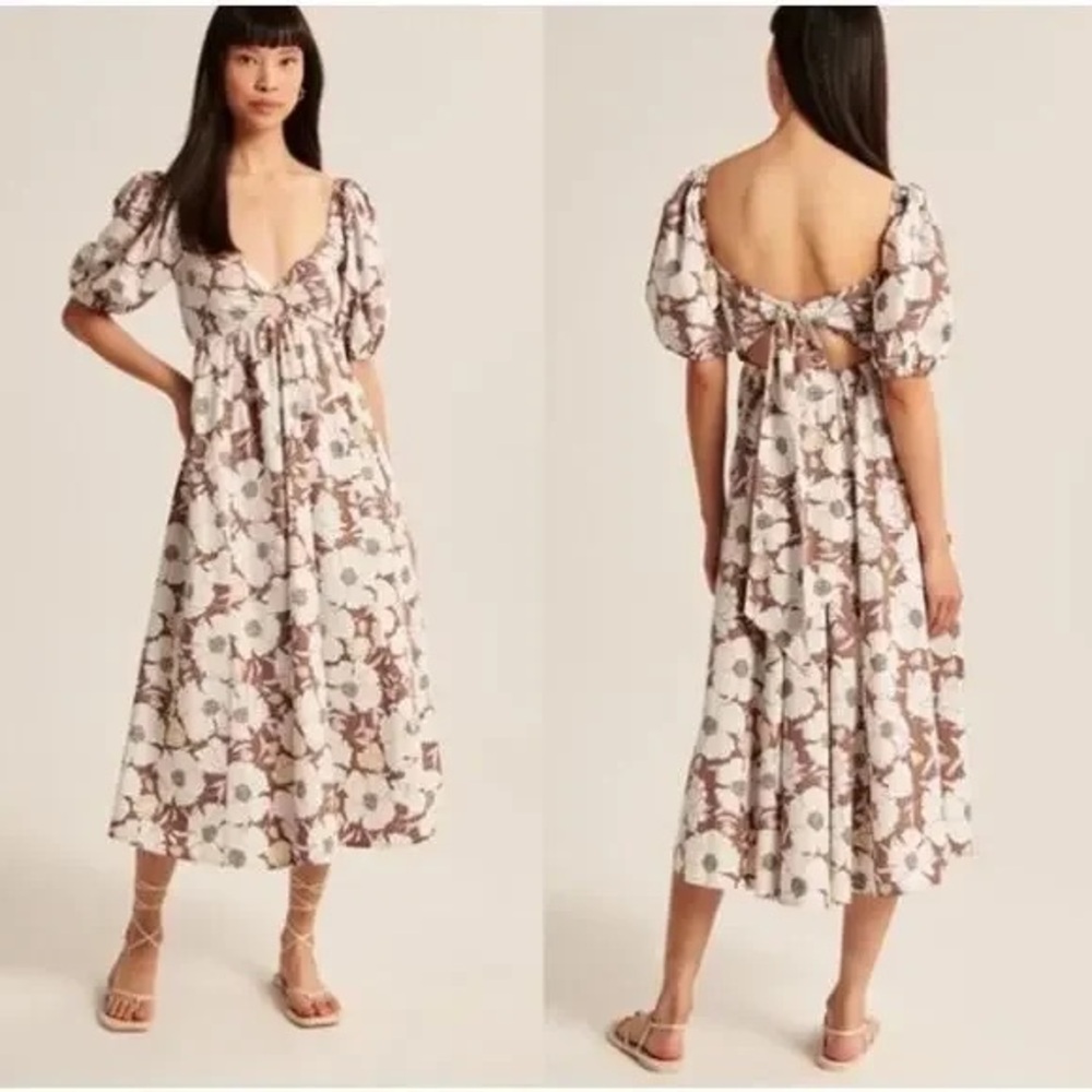 Abercrombie & Fitch O Ring Puff Sleeve Midi Dress in brown floral